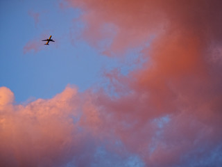 Clouds and aircraft in the sky at sunset