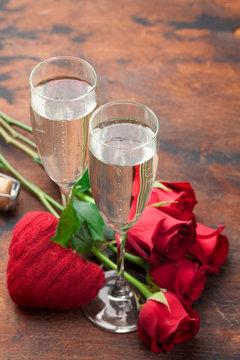 Valentine's day greeting card with roses and champagne