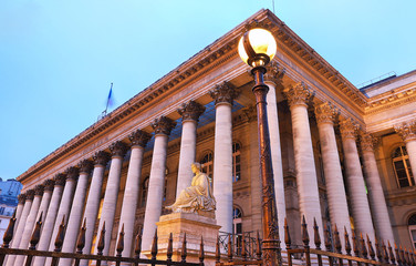 The Bourse of Paris- Brongniart palace at night,Paris, France.