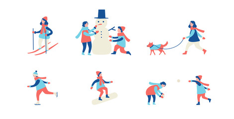 Winter activities. Men, women and children ski, ice-skate, make a snowman and play snowballs. Flat cartoon vector illustration 