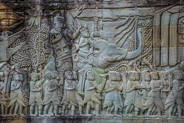 Warriors and Royal Elephant Parade Carving on Walls of Angkor Wat