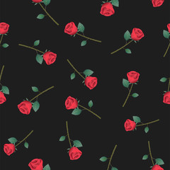 Vintage seamless pattern retro red rose on black background