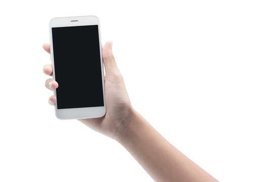 Female hand holding White cellphone with black screen isolated on white background with clipping path. - Image