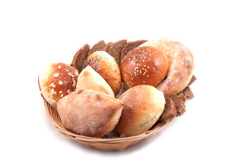 Basket of bread on a white background