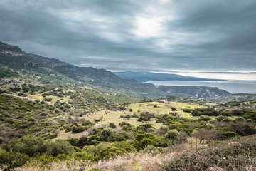 Fototapeta na wymiar Panorama of the mountains and ocean at North Eastern coast of Sardinia, Italy