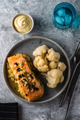 Solomon fillet with pineapple and cauliflower. Fish with vegetables.
