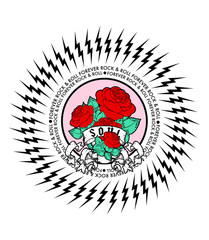 Rock and roll print with red roses and lightning symbols in vector.