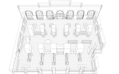 shop, mall, shopping mall, contour visualization, 3D illustration, sketch, outline