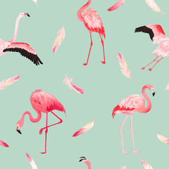 Obraz premium Tropical Flamingo seamless vector summer pattern with pink feathers. Exotic Pink Bird background for wallpapers, web page, texture, textile. Animal Wildlife Design