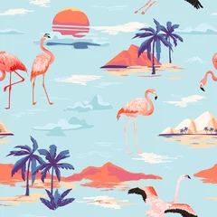 Tapeten Flamingo Tropical Island und Flamingo nahtloses Vektorsommermuster mit tropischen Palmen. Vintage-Hintergrund für Tapeten, Webseiten, Texturen, Textilien.