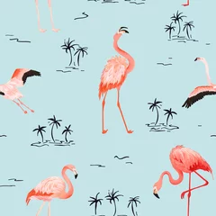 Afwasbaar Fotobehang Flamingo Tropische Flamingo naadloze vector zomer patroon met tropische palmbomen. Vogelachtergrond voor wallpapers, webpagina, textuur, textiel.