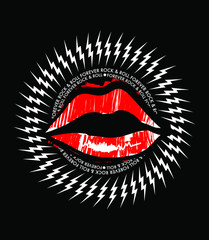 Rock and roll print with text and red lip in vector.