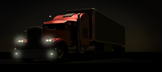 American style red truck at night. Semi Truck with Cargo Trailer. 3D rendering