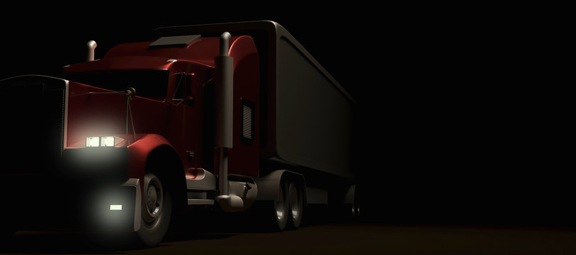 American style red truck at night. Semi Truck with Cargo Trailer. 3D rendering