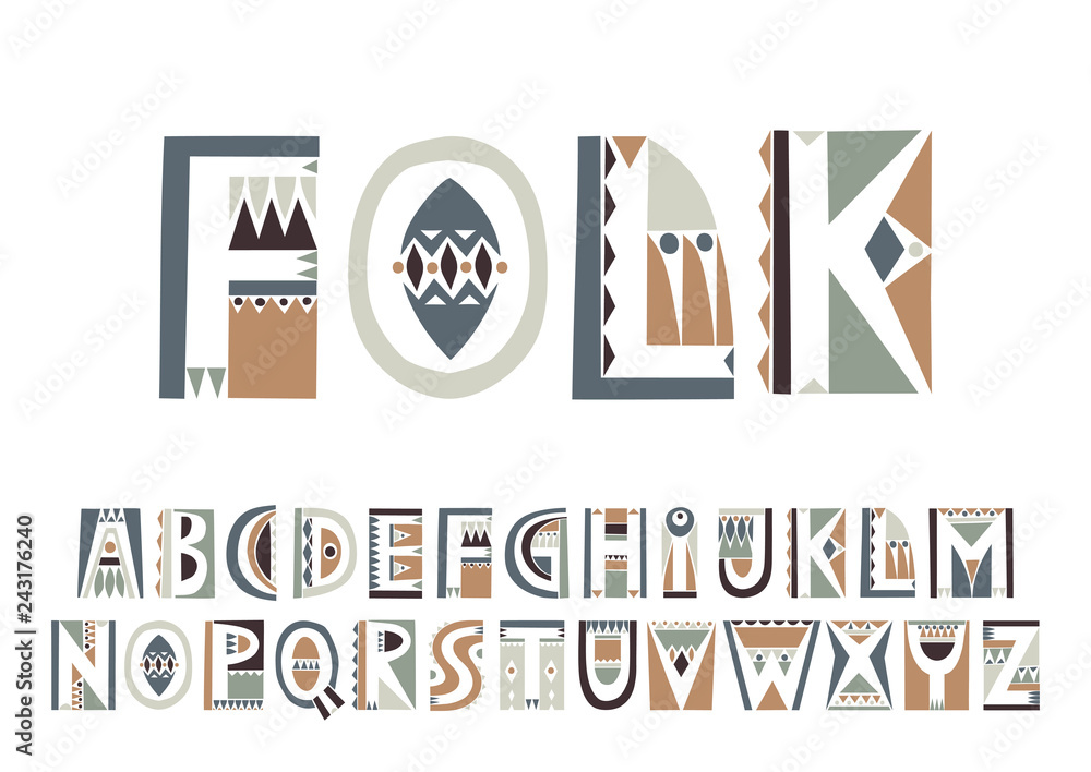 Poster vector uppercase color alphabet in cutout folk style with filling negative space. scandinavian palet