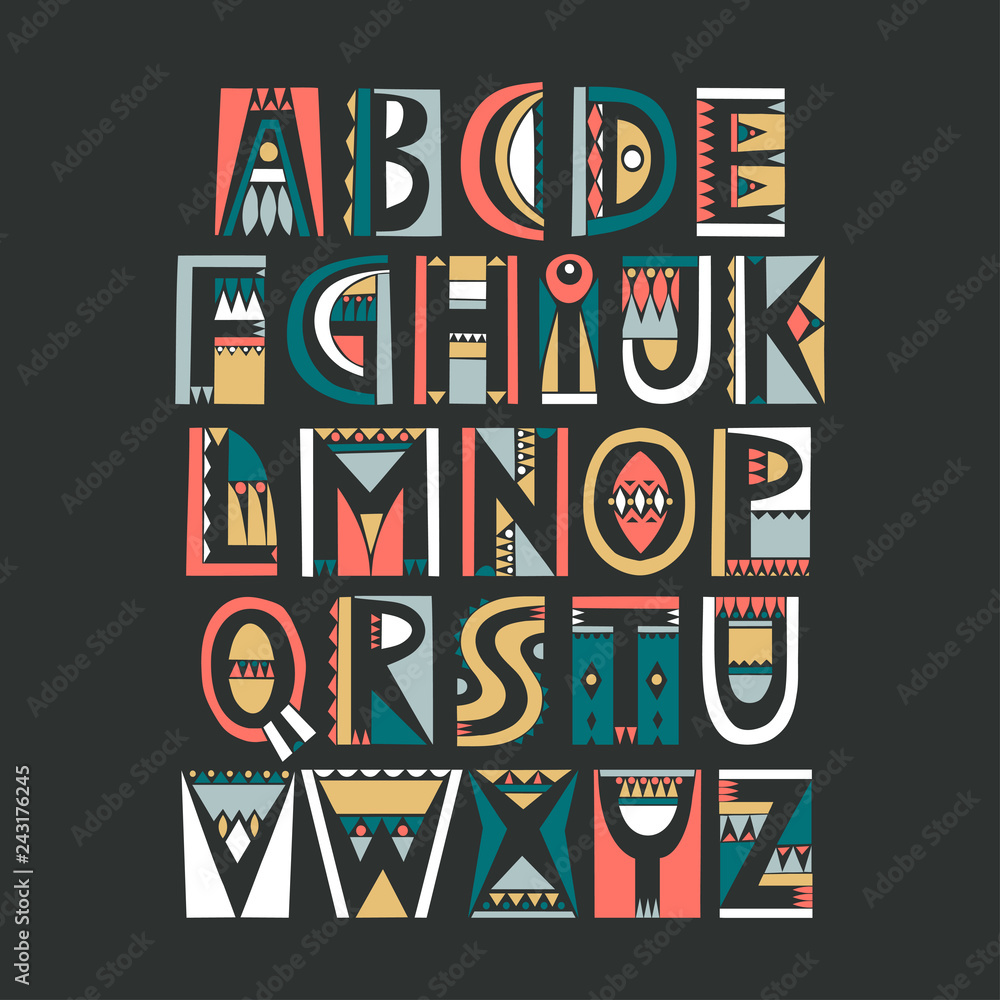 Poster vector uppercase color alphabet in cutout folk style with filling negative space on a black backgrou