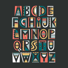 Vector uppercase color alphabet in cutout folk style with filling negative space on a black background