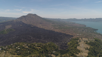 Obraz premium Aerial view landscape after volcanic eruption volcano Batur mountain landscape with volcano sky and clouds Bali, Indonesia. Travel concept.