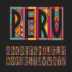 Vector trendy alphabet made of cutout geometric colored shapes on a black background. Peru palette - 243176274