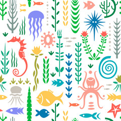 Seamless pattern with underwater plants and animals. Concept for nursery prints, textile, wallpapers.