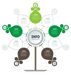 Vertical Timeline infographics. Tree of development and growth of the eco business. Infographic in the form of a tree with leaves. Business presentation concept with 5 or 9 options.