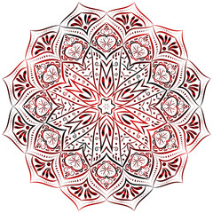 Red mandala pattern on white background.