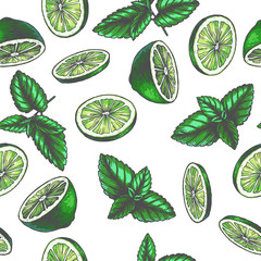 Vector vintage seamless pattern with ingredients for drink. Hand drawn color texture with peppermint leaves and slices of lime in engraving style. Sketch of spices isolated on white.