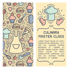 Booklet concept of culinary master class. Doodle style elements and sample text. Suitable for advertising or invitation
