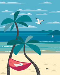 Summer seaside landscape. Blue ocean scenic view. Hand drawn tropica island escape poster. Holiday vacation season sea travel leisure. Sea leisure relax. Vector tourist trip advertisement background