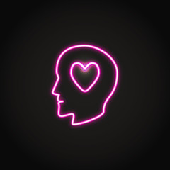 Human head with heart glowing neon icon
