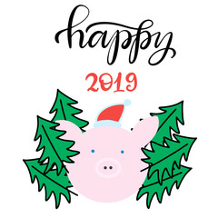 Vector EPS 10 file. Hand written lettering illustration for Chinese New Year 2019 with zodiac Pig. 