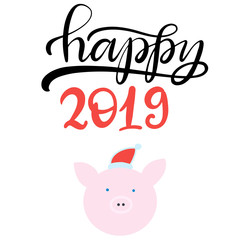 Vector EPS 10 file. Hand written lettering illustration for Chinese New Year 2019 with zodiac Pig. 