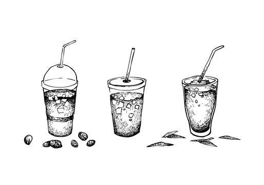Drink and Beverage, Illustration Hand Drawn Sketch of Iced Coffee and Iced Tea Isolated on A White Background.