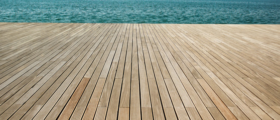 simple panoramic background wallpaper pattern of wooden deck floor sea waterfront perspective foreshortening material surface with empty copy space for your text or inscription  - obrazy, fototapety, plakaty