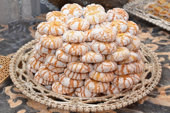 Dish with fresh baked Moroccan cookies served with tea- biscuit for wedding
