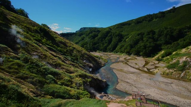Valley of Geysers. Tourist season in Kamchatka Peninsula. Kronotsky Nature Reserve
