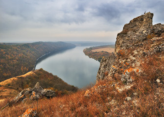 canyon of the picturesque river. autumn morning in the national park. Dniester River