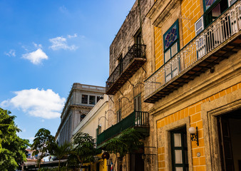 Colorful buildings and historic colonial architecture in downtown Havana, Cuba.