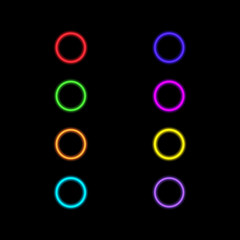 Set of colored neon circles on a black background. Vector illustration .