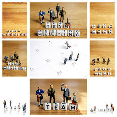 collage of little miniature figurines with little dices as a part of team meeting mosaic pictures with white frames