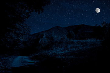 Mountain Road through the forest on a full moon night. Scenic night landscape of dark blue sky with moon. Azerbaijan