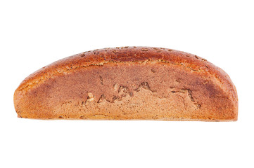 One rectangular whole black loaf with grain isolated on white background. Side view. Clipping path - image