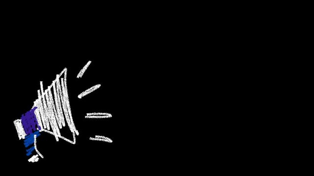 Megaphone drawing.  Grey Speaker volume icon - audio voice sound symbol, media music line icon on Black background. 4K Video motion graphic animation with sale 70%. lots of light spots