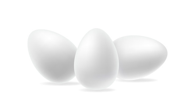 Three realistic white Easter eggs arranged at different angles  an isolated background vector illustration. 