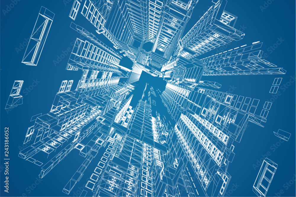 Aufkleber modern architecture wireframe. concept of urban wireframe. wireframe building illustration of archit