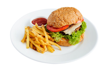Fresh tasty burger with french fries isolated on white background