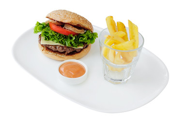 Fresh tasty burger with french fries isolated on white background