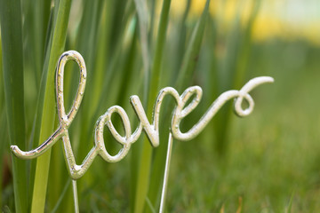 Silver decoration word LOVE is on beautiful background of green fresh grass. Concept: Valentine's Day holiday& spring season.