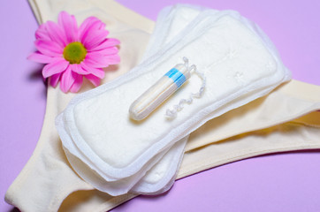 Obraz na płótnie Canvas Woman's Sanitary Pads and Tampon with Gerbera Daisy Flower, Feminine Hygiene Concept