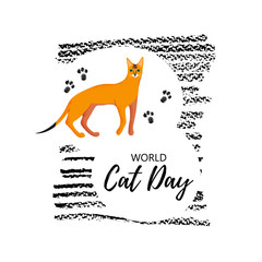 Greeting card with text " World Cat Day". Cute character with lettering. Icon of abyssinian breed.